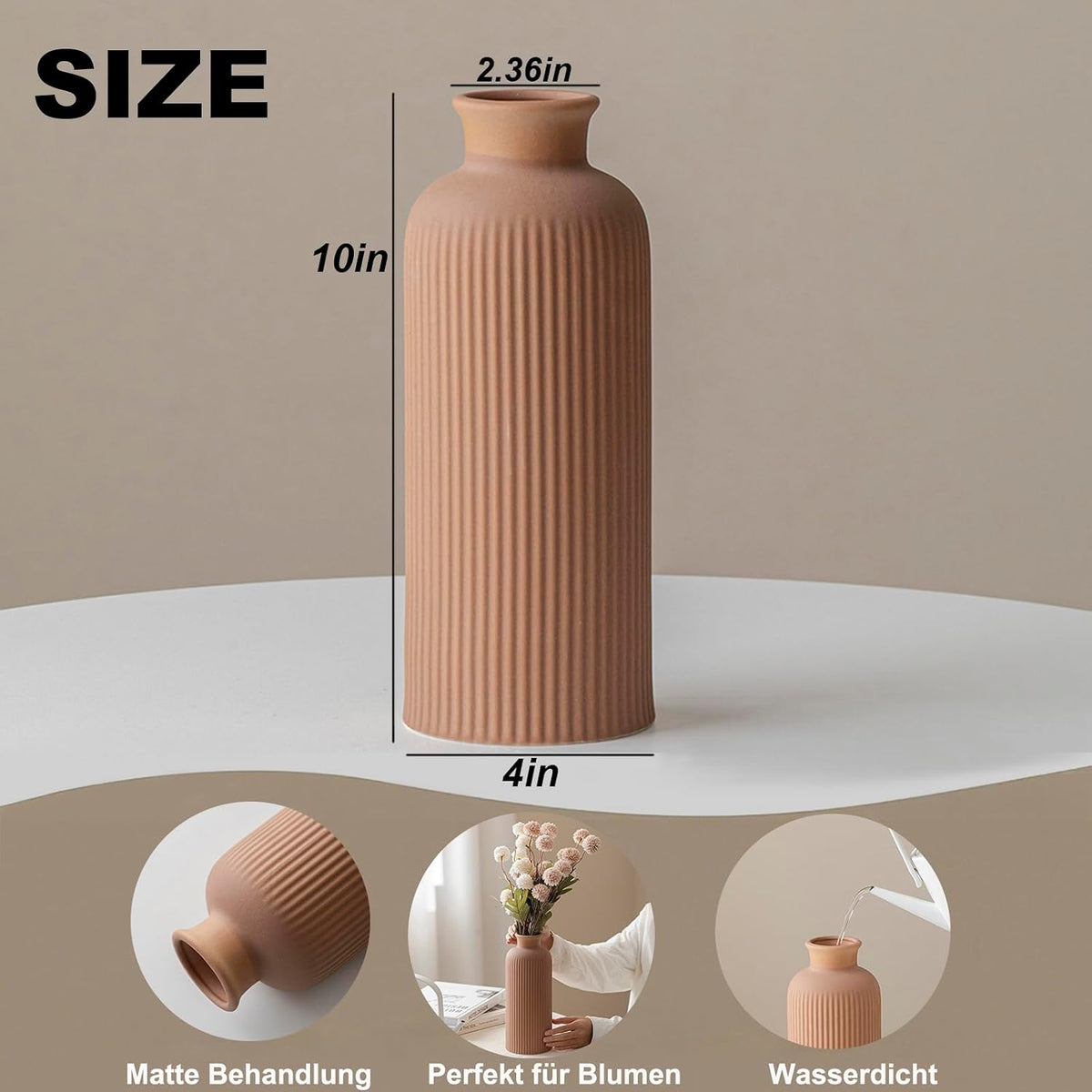 Coffee Ribbed Ceramic Vase for Flowers, Large Modern Textured Decorative Vase, 10 Inch Tall, Farmhouse Style Home Decor (Coffee)