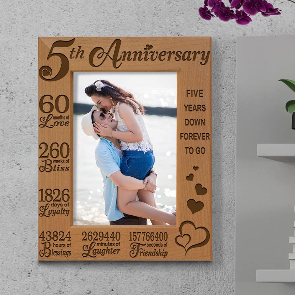 KATE POSH 5th Anniversary Engraved Natural Wood Picture Frame and Gifts, 5th Wood Wedding Anniversary (5x7-Vertical)
