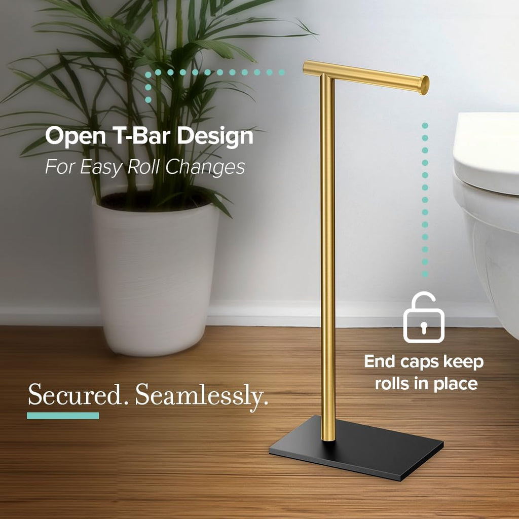Gatco 1431MXB Modern Rectangle Base Freestanding Toilet Paper Holder, Matte Black/Brushed Brass, Weighted Base, 21.25" Bathroom Tissue Stand