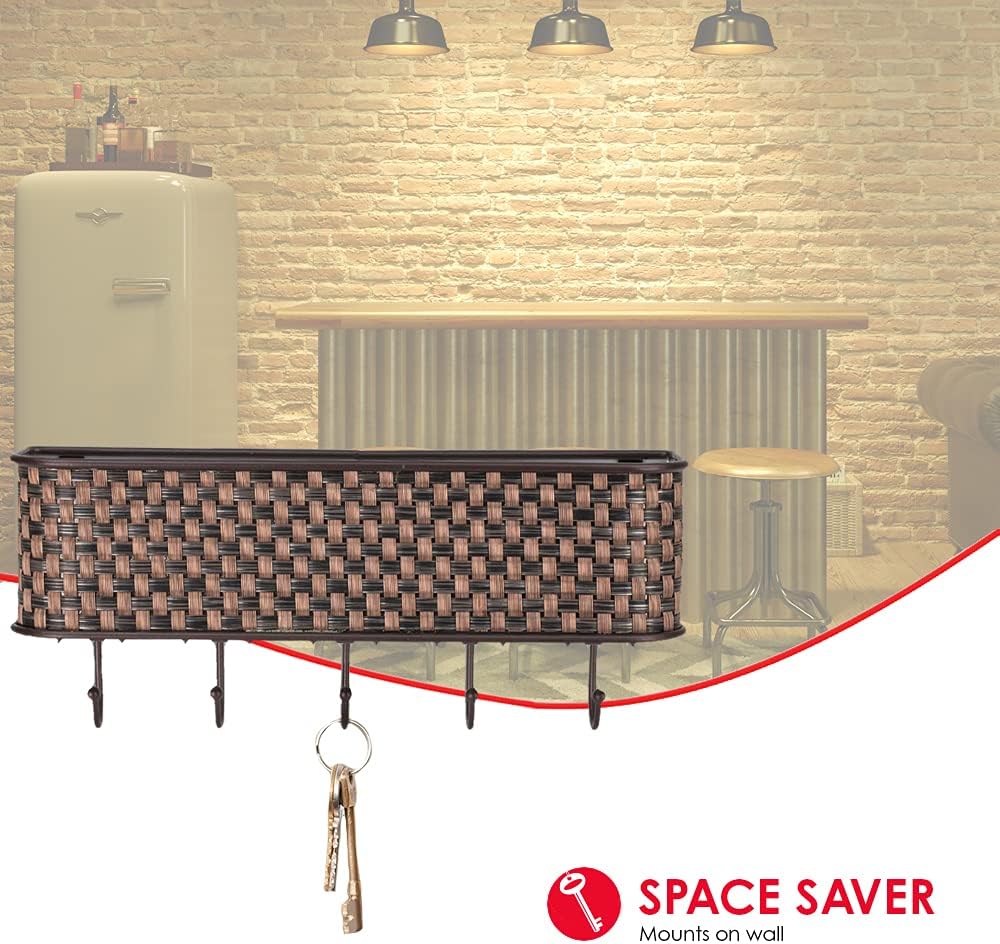 Home Basics Wall Mount Mail Letter Organizer Basket Shelf and 5 Key Hook/Holder in Brown Weave