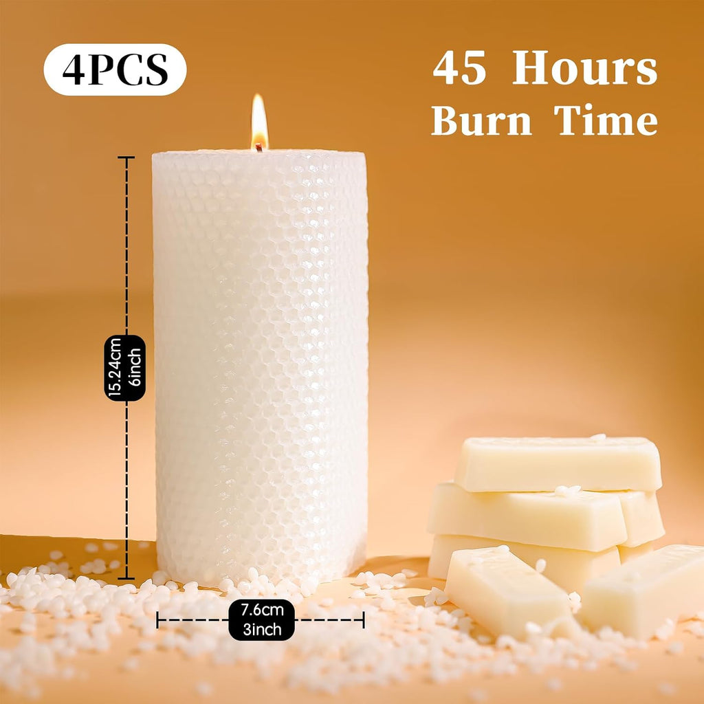 Beeswax Pillar Candles 3x6 Inch 4 Pack, Honeycomb Decor
