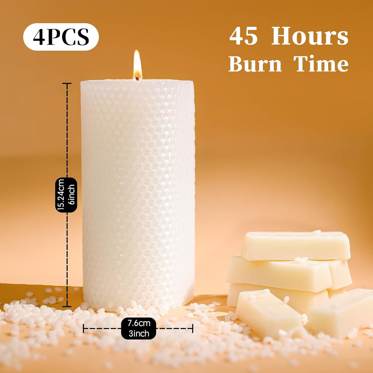 Beeswax Pillar Candles 3x6 Inch 4 Pack, Honeycomb Decor