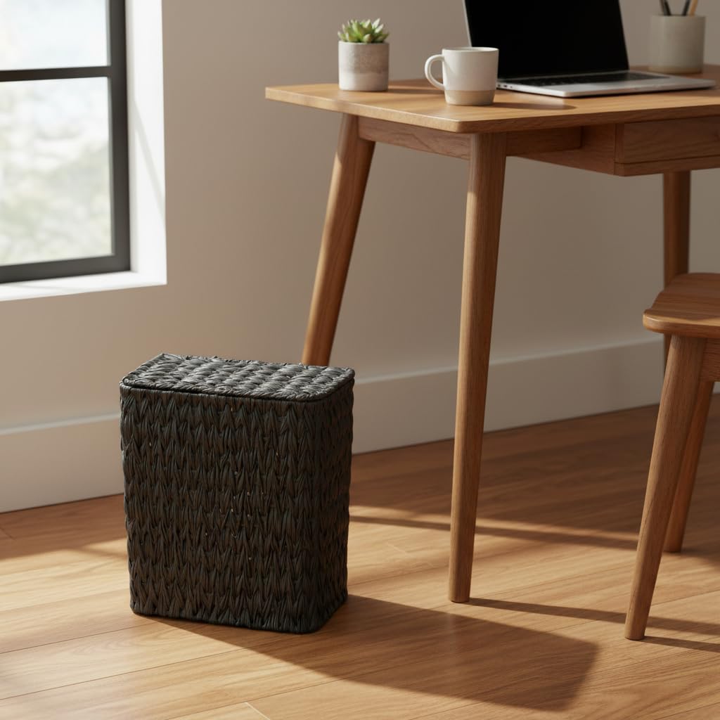 Wicker Trash Can with Lid & Liner, Small Bathroom Waste Basket, Black