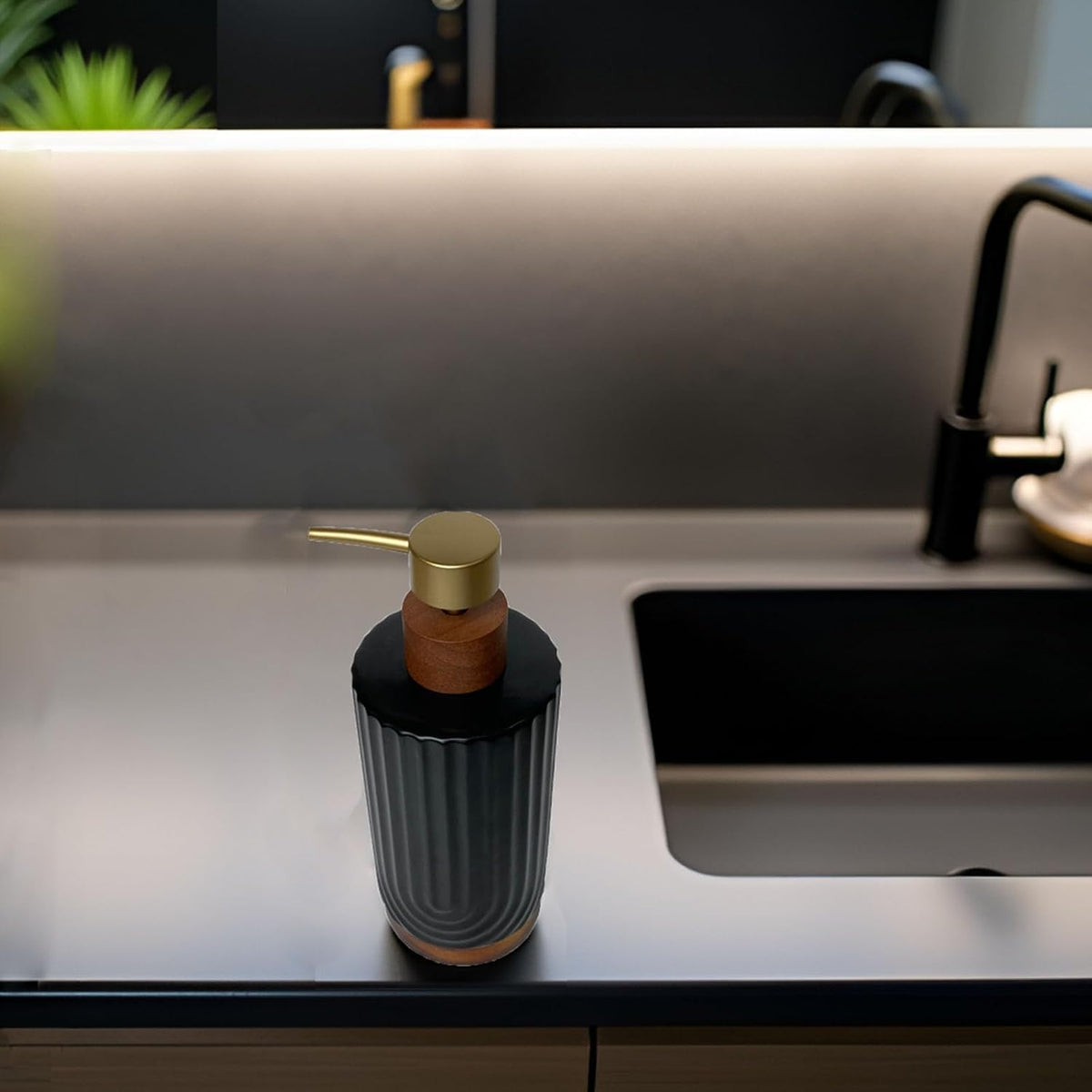 Black Soap Dispenser,Ceramic with Wood Hand Soap Dispenser, 16oz Refillable Liquid Bottle, for Modern Home Decor, Bathroom, Kitchen Countertop, Hotel (Black)