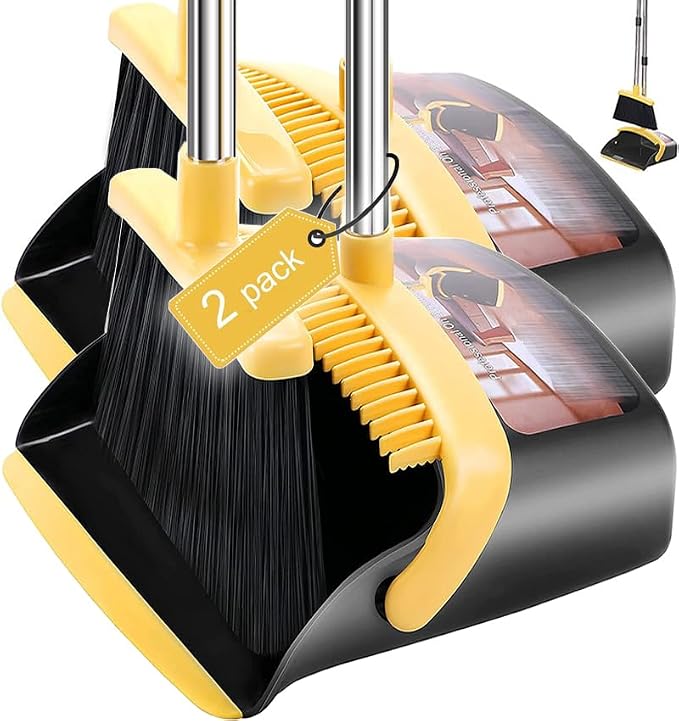 2 Pack is More economical,Brooms with Dustpan Combo Set， with 52" Long Handle, Dustpan Teeth with self-Cleaning Function, Indoor and Outdoor Sweeping, Perfect for Home Office (Large/Yellow/ 2-Pack)