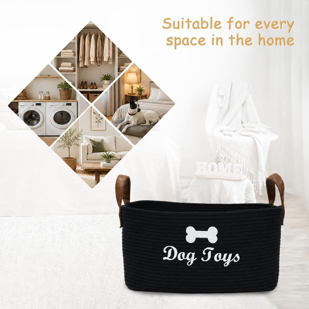 Large Dog Toy Basket, 100% Cotton Rope Dog Toy Storage Bin-Black