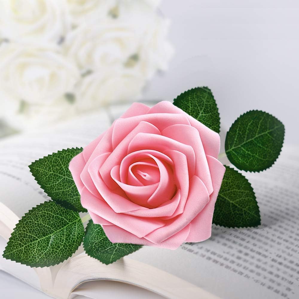 Higfra Artificial Flowers 25pcs Real Looking Pink Foam Fake Roses with Stems for DIY Wedding Bouquets White Bridal Shower Centerpieces Arrangements Mothers Day Party Tables Decorations