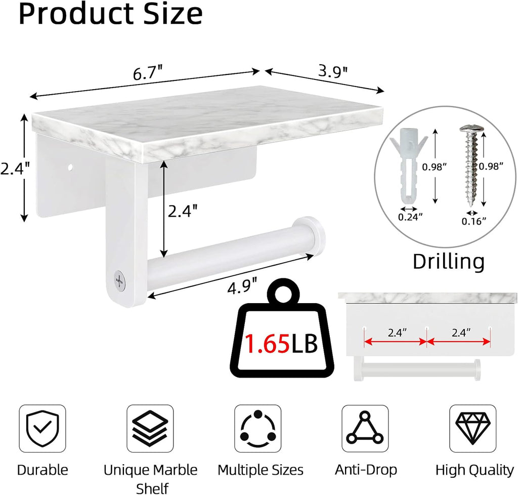 Gypie Toilet Paper Holder with Marble Shelf, Wall Mounted White