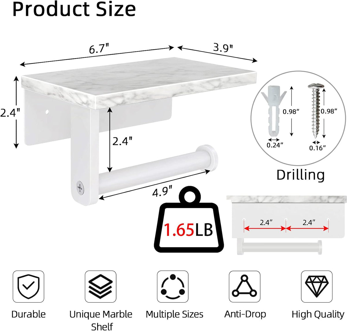 Gypie Toilet Paper Holder with Marble Shelf, Wall Mounted White