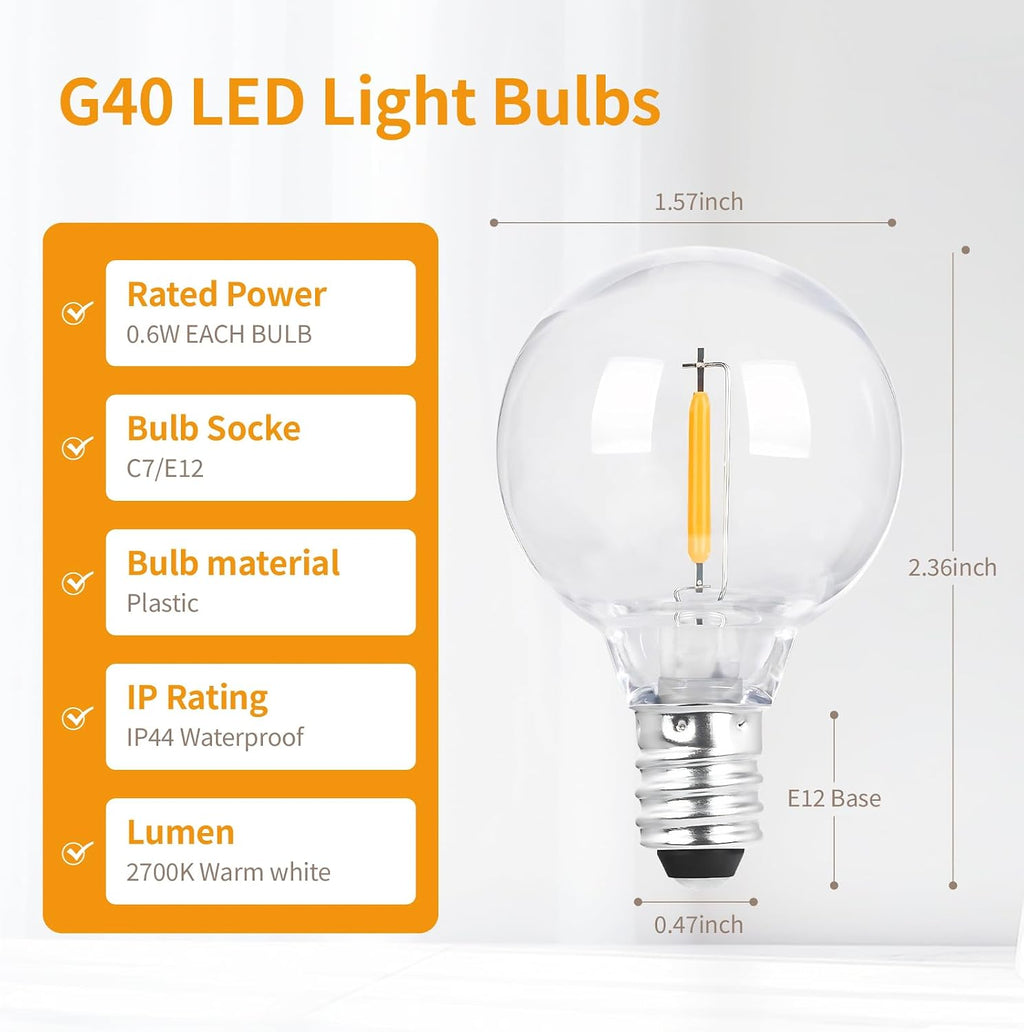 10PK G40 LED Replacement Bulbs, 0.6W Clear Globe Dimmable E12 Base