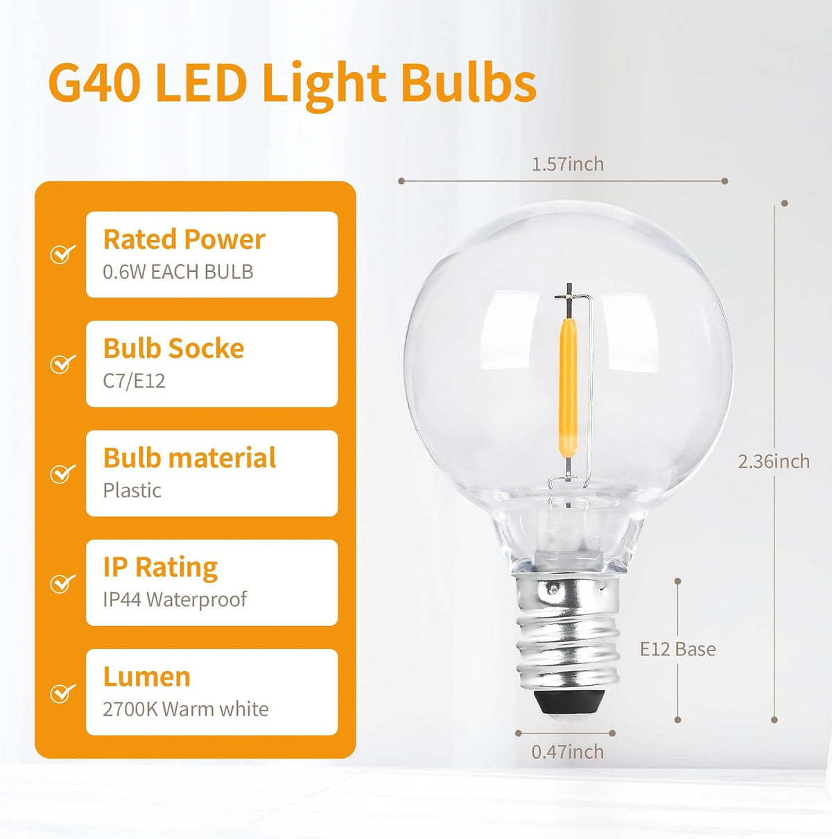 10PK G40 LED Replacement Bulbs, 0.6W Clear Globe Dimmable E12 Base