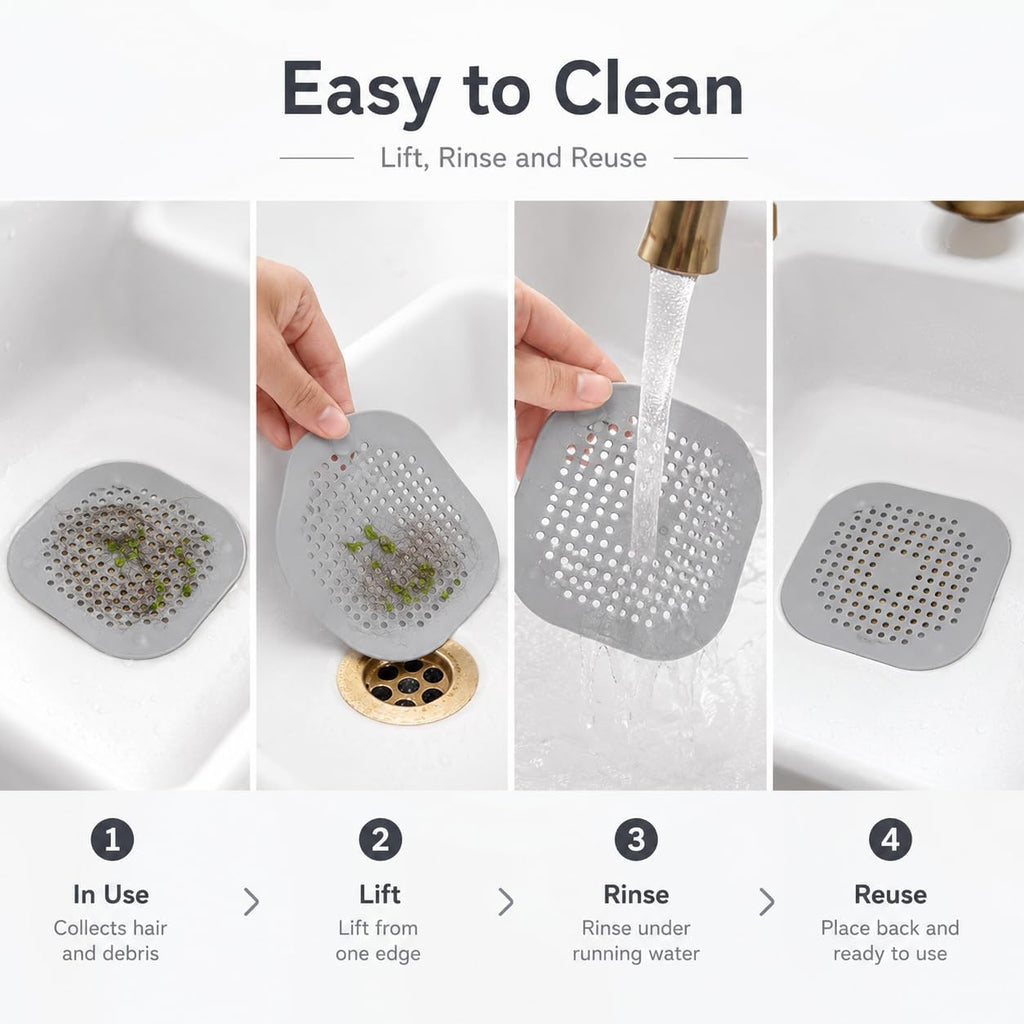 Hair Drain Catcher Set, Square Shower Cover 4-Pack (Grey) | Silicone Hair Stopper with Strong Suction Cups, Bathroom and Sink Protector Accessories, Simple Installation for Tub and Basin