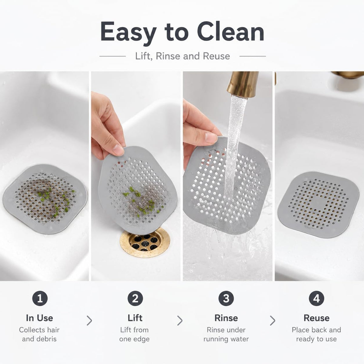 Hair Drain Catcher Set, Square Shower Cover 4-Pack (Grey) | Silicone Hair Stopper with Strong Suction Cups, Bathroom and Sink Protector Accessories, Simple Installation for Tub and Basin