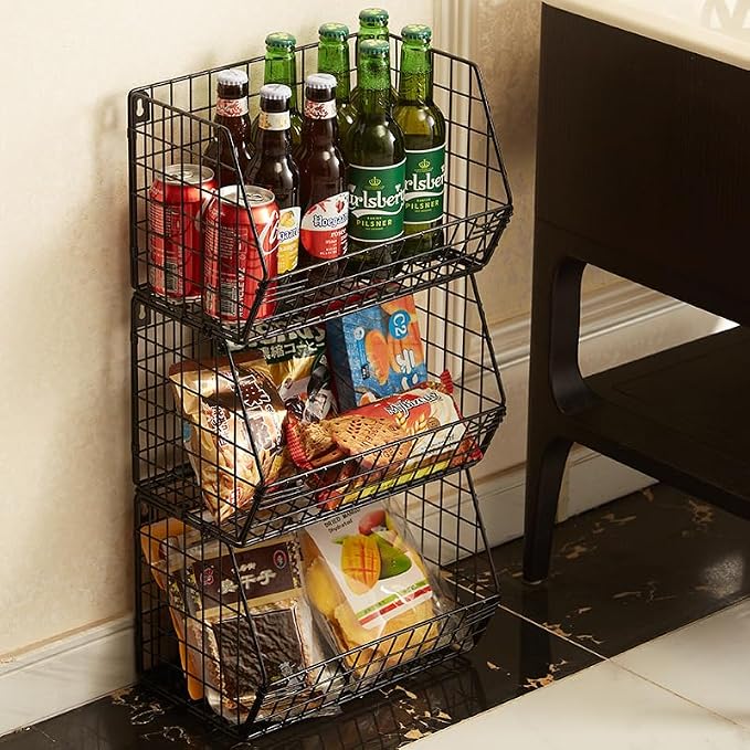 3 Tier Hanging Foldable Wire Baskets Closet Organizer Shelf with Clothes Storage Wall Mount or Countertop Caddy Bin for Clothing Handbags Snacks Drinks Fruits