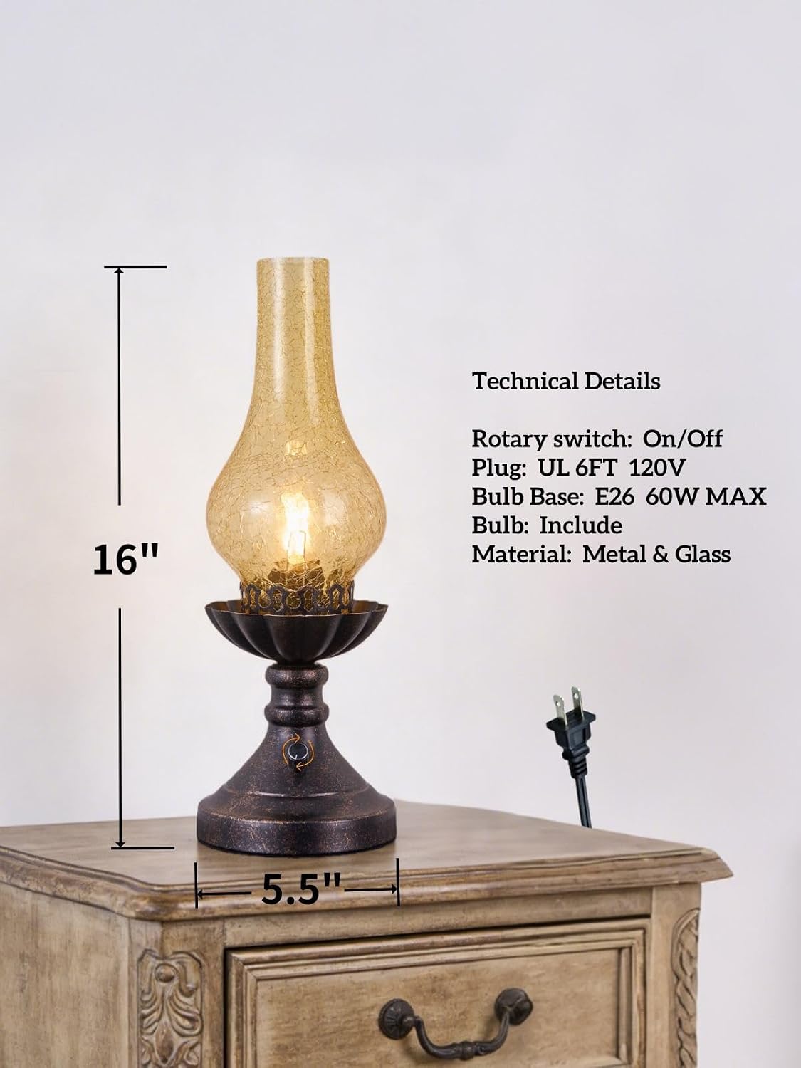 Vintage Table Lamp with Crackled Glass Shade & Rotary Knob Switch, Small Antique Desk Lamp,Lantern Rustic Farmhouse Western Victorian Bedside Decor for Bedroom,Living Room,Office