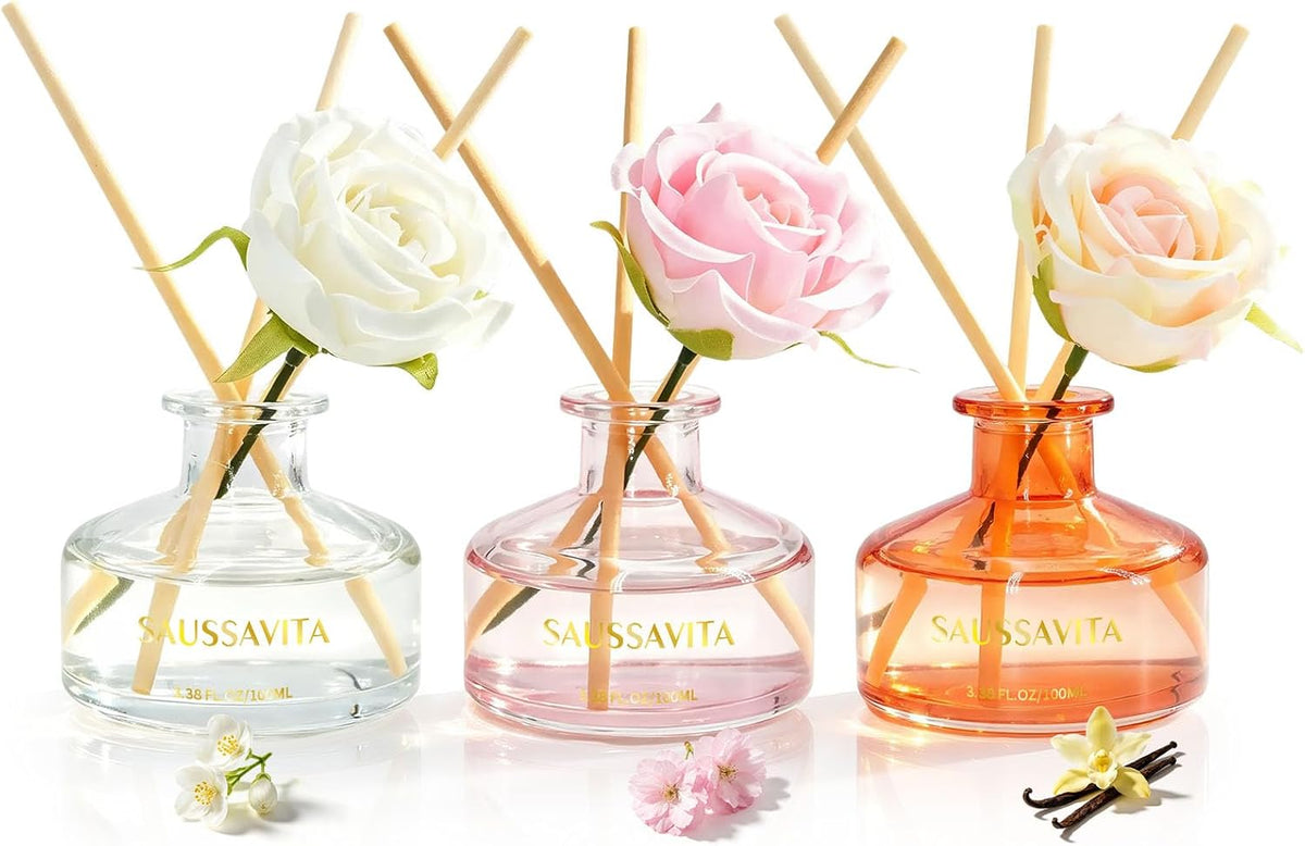 Reed Diffuser Set 3 Pack Cherry Blossoms White Flower Vanilla Scented Air Freshener, Reed Diffusers for Home 3.38oz Each, Long Lasting Home Fragrance for Home Bathroom Office Shelf Decor