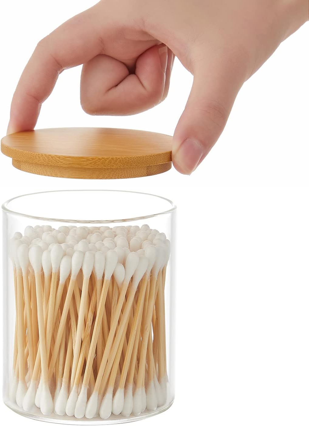 INIUNIK Qtip Holder with Vanity Tray, 3 Pack Glass Apothecary Jars with Lids, Bathroom Accessories Canisters Organizers Jars Containers for Cotton Ball Round Swab Pad Hair Ties Floss Perfume Jewelry