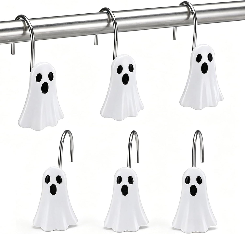 Weysat 12 Pcs White Ghost Halloween Shower Curtain Hooks Bathroom Decor