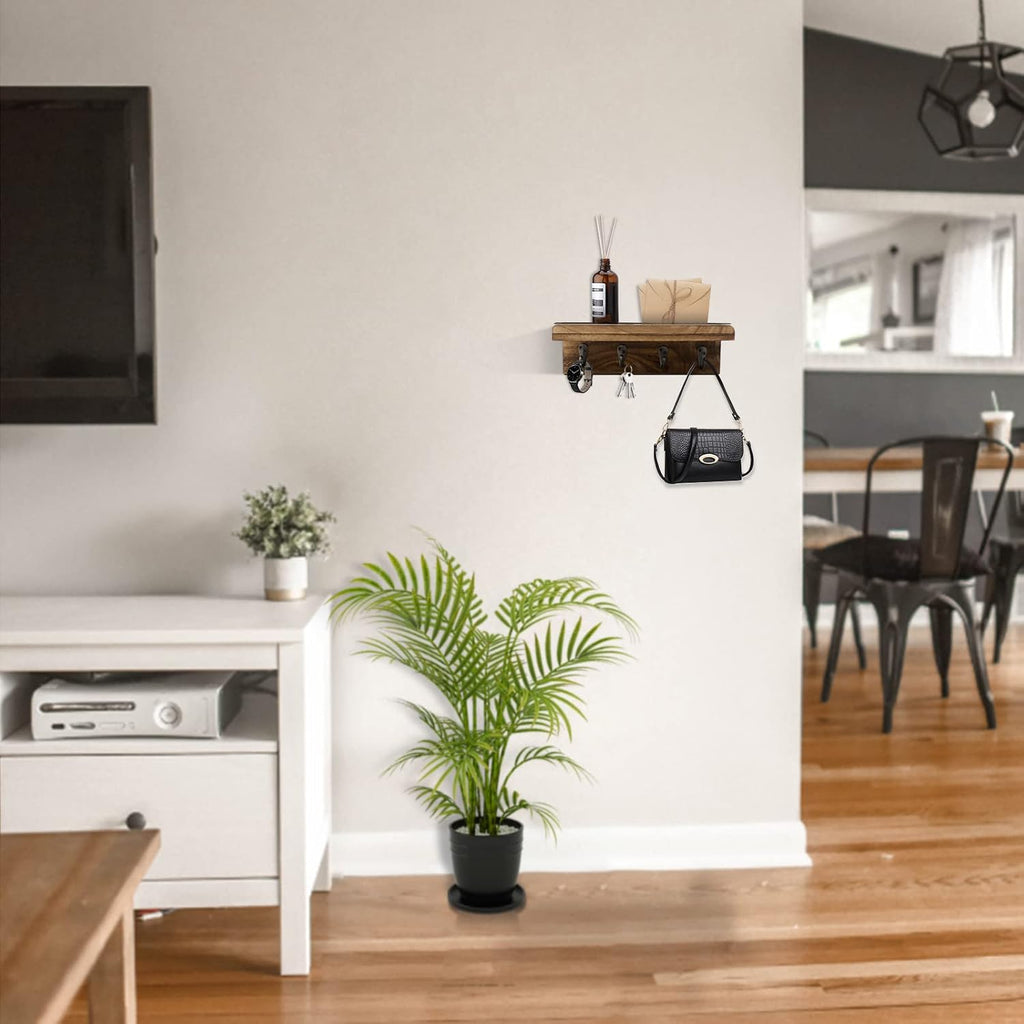 Key Holder Wall Mount, Farmhouse Wall Shelf with 4 Hooks for Entryway