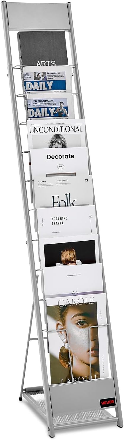 VEVOR Brochure Display Rack, 10 Pockets Magazine Literature Display Stand, Portable Floor Standing Magazine Rack, Metal Newspaper Catalog Holders for Shop, Exhibitions, Office, Trade Show, Silver
