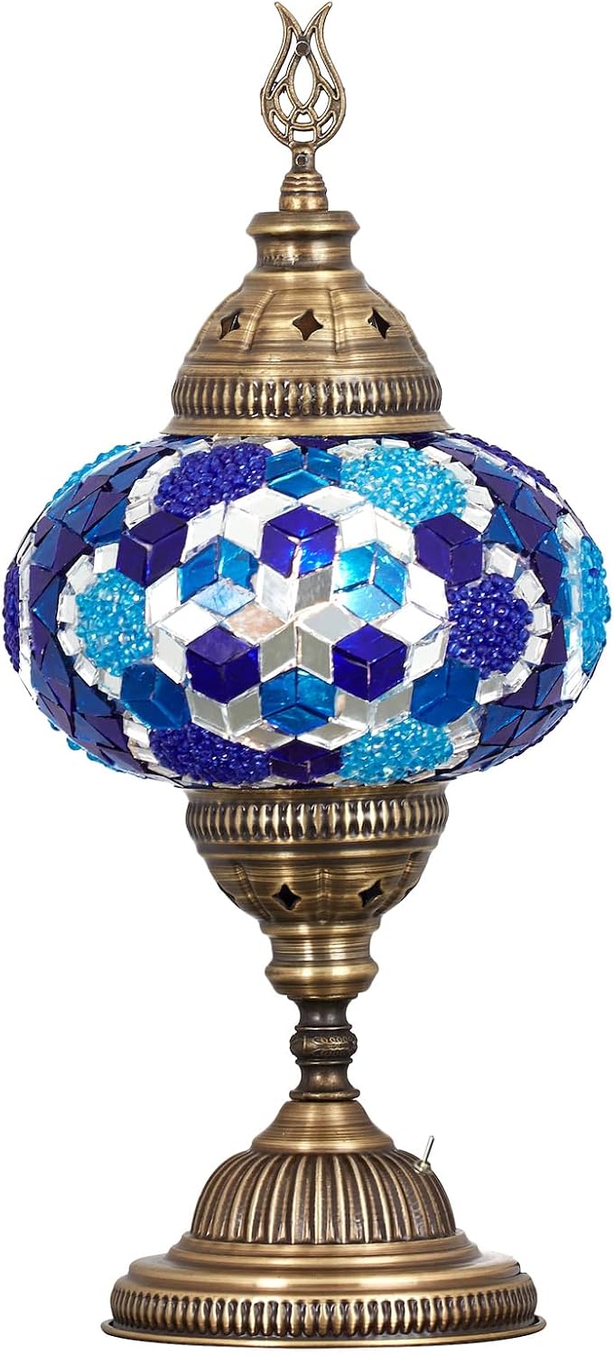 Turkish Moroccan Mosaic Battery-Operated Table Lamp – 12” H, 5” W, Portable Stained Glass Lantern for Indoor & Outdoor Use, Cordless Handmade Decorative Light for Bedroom, Patio & Camping, Blue