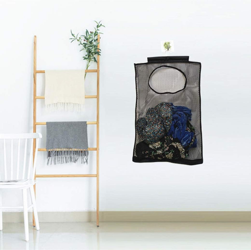 Door-Hanging Mesh Laundry Hamper Bag, Space Saving Corner Small Laundry Basket Dirty Clothes Hamper with Rotating Metal Hanger for Apartment, RV, Camper, Cabin, College Dorm Use(Black)