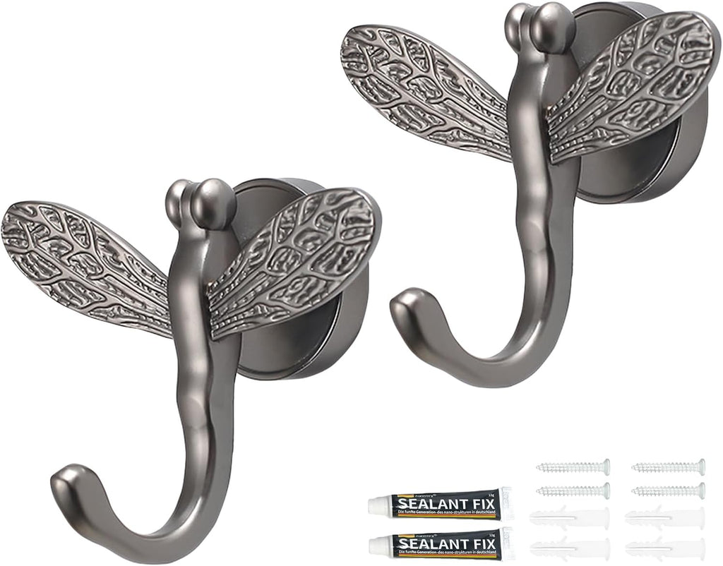 2 Pack Dragonfly Decorative Wall Hooks, Vintage Boho Coat Hooks Heavy Duty, Zinc Alloy Rust-Proof Towel Hooks for Bathroom, Entryway Hooks for Hanging Coat, Towel, Robe, Hat, Purse, Keys(Grey)
