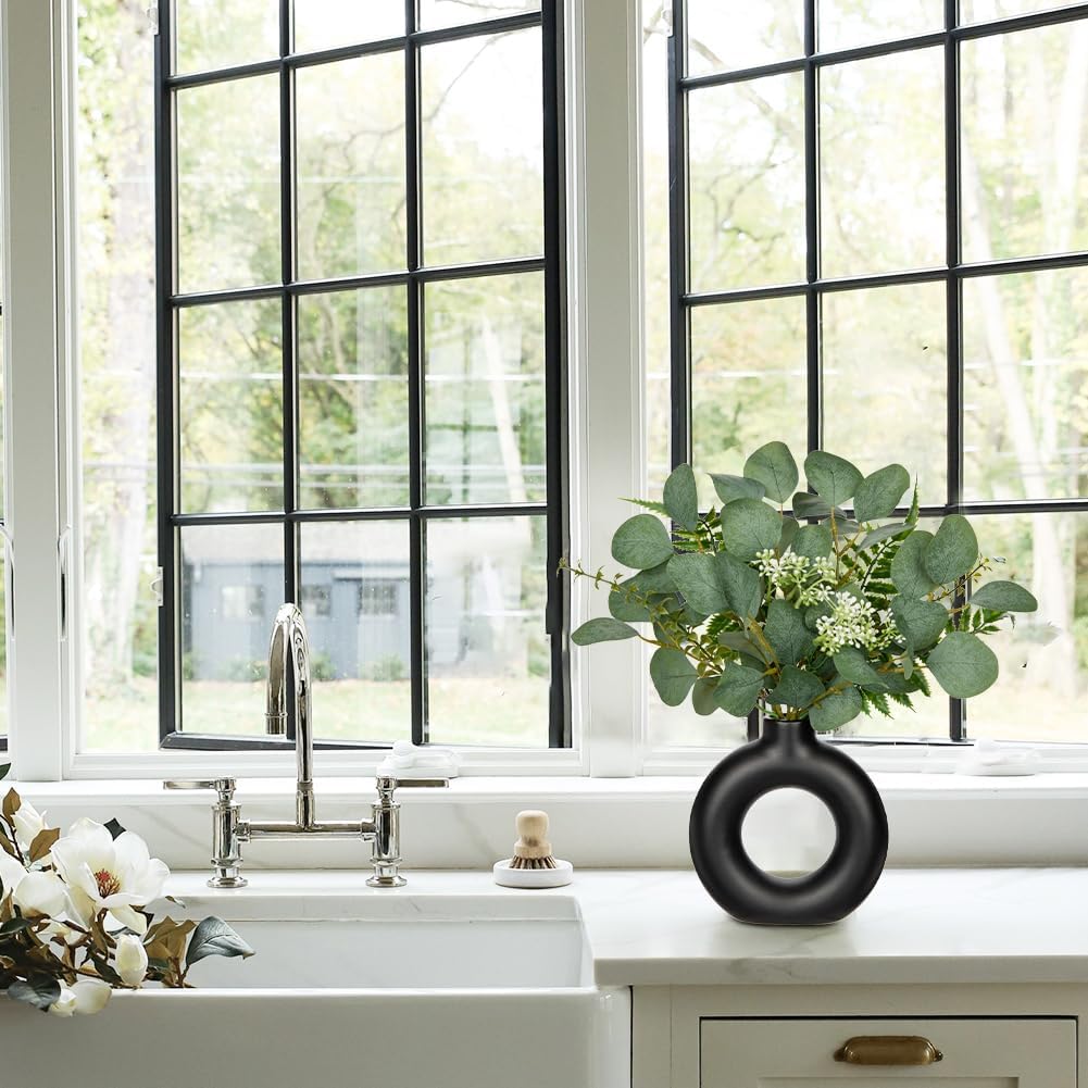 Artificial Eucalyptus Stems in Ceramic Vase 14.23" Fake Eucalyptus Plant Decor Black Donut Vase with Greenery Centerpiece Table Decorations Small Faux Green Plant for Home Farmhouse Wedding Table