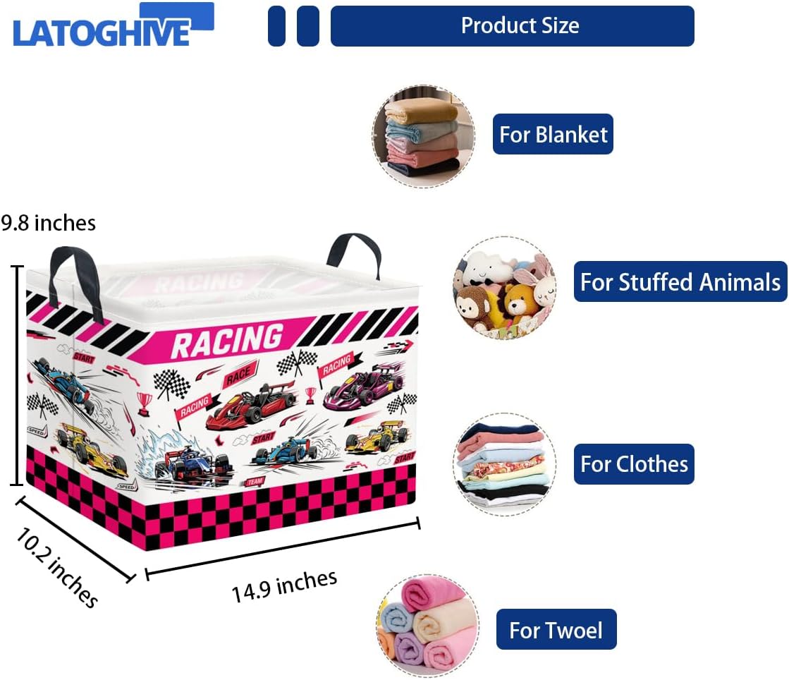 Rectangular Storage Basket Waterproof Collapsible Bin for Bedroom Books Box Room Decor F1 Car 14.9x10.2x9.8 Inches