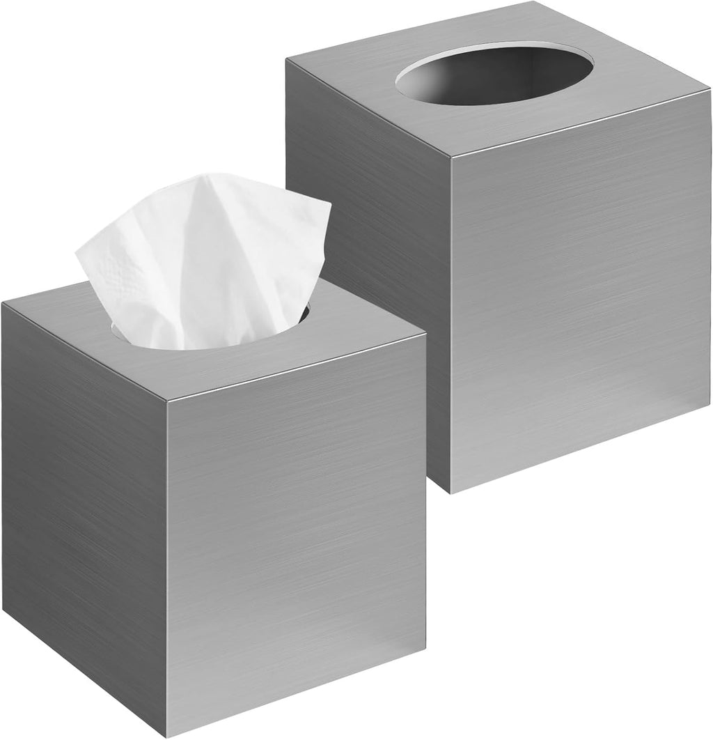 2 Pack Tissue Box Cover, Square Plastic Tissue Holder Non-Slip Base, Sliver