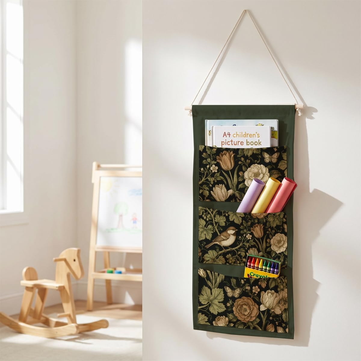 IAXIC Dark Tone Bird Tulip Floral Canvas Wall Hanging Organizer with Pocket