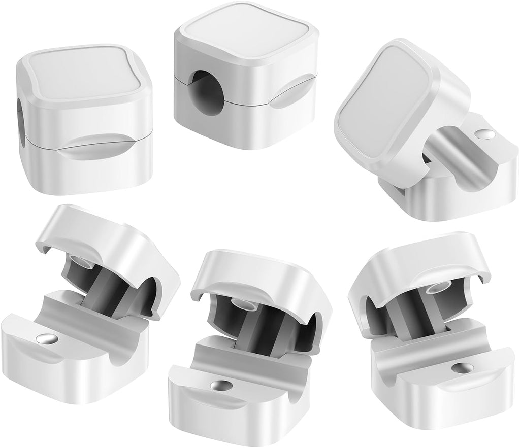 6-Pack Magnetic Cable Organizer Clips, Non-Rotating Cord Management with Double-Sided Adhesive Pads for Desk, Car, Office - Tangle-Free Solution for Charging Cables, USB Wires (White)