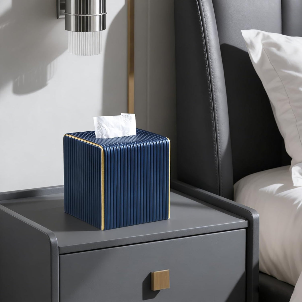 Square Tissue Box Cover, PU Leather Tissue Box Holder Navy Blue