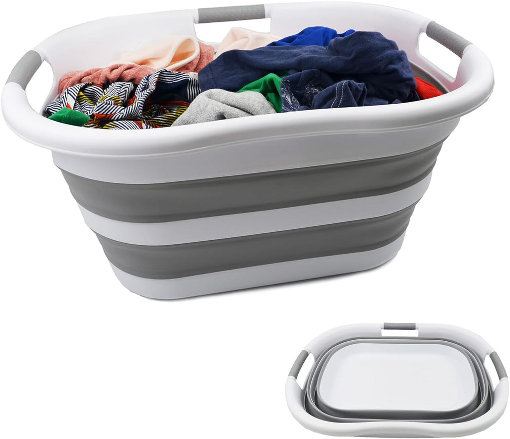 SAMMART 40L (10.5 gallon) Collapsible Plastic Laundry Basket - Foldable Pop Up Storage Container/Organizer - Portable Washing Tub - Space Saving Hamper/Basket (1, White/Grey)