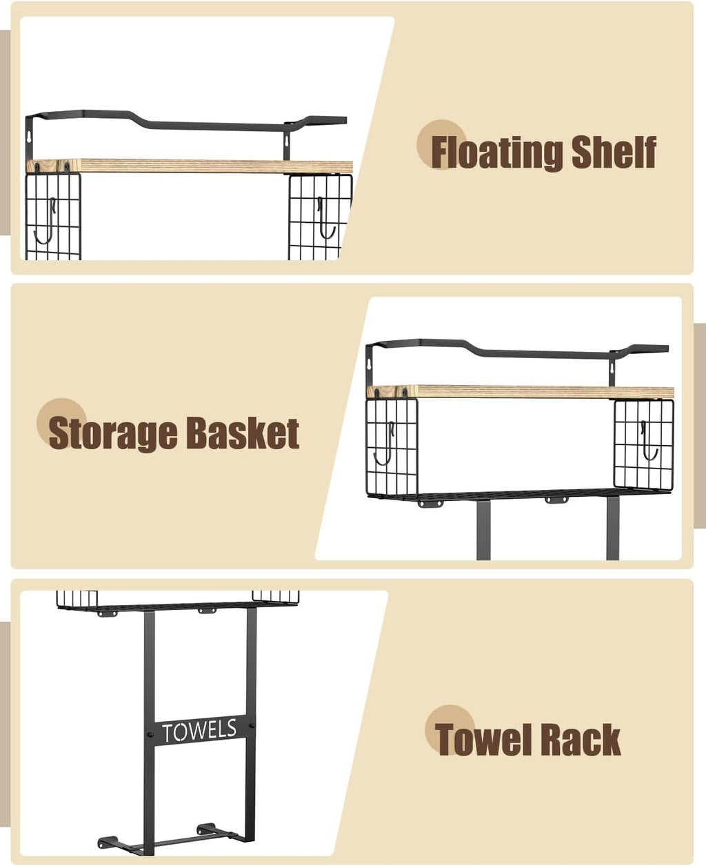 Towel Racks for Bathroom Wall Mounted - Bath Wall Towel Holder Set Above Toilet Storage, Rolled Towel Shelf Organizer for Small Bathroom, Wood Vertical Towel Rack for Bathroom Wall Decor