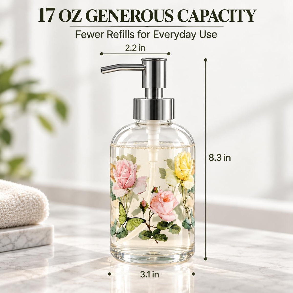 Topadorn 2 Pack 17oz Glass Soap Dispensers, Floral Refillable Pump Bottles