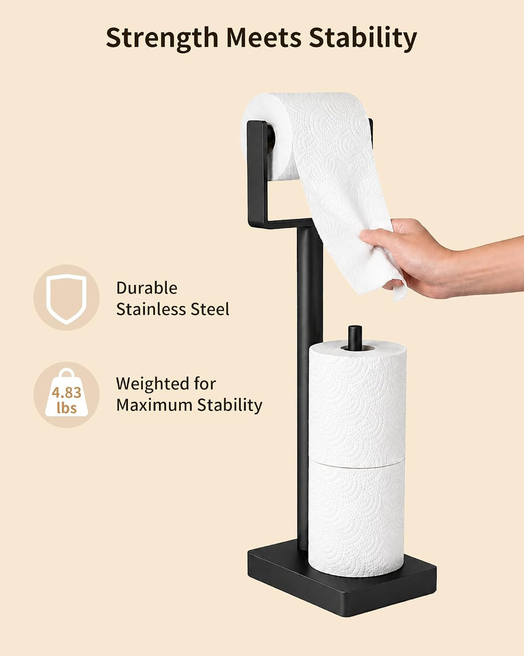YUMORE Toilet Paper Holder Stand with Storage & Weighted Base, Matte Black
