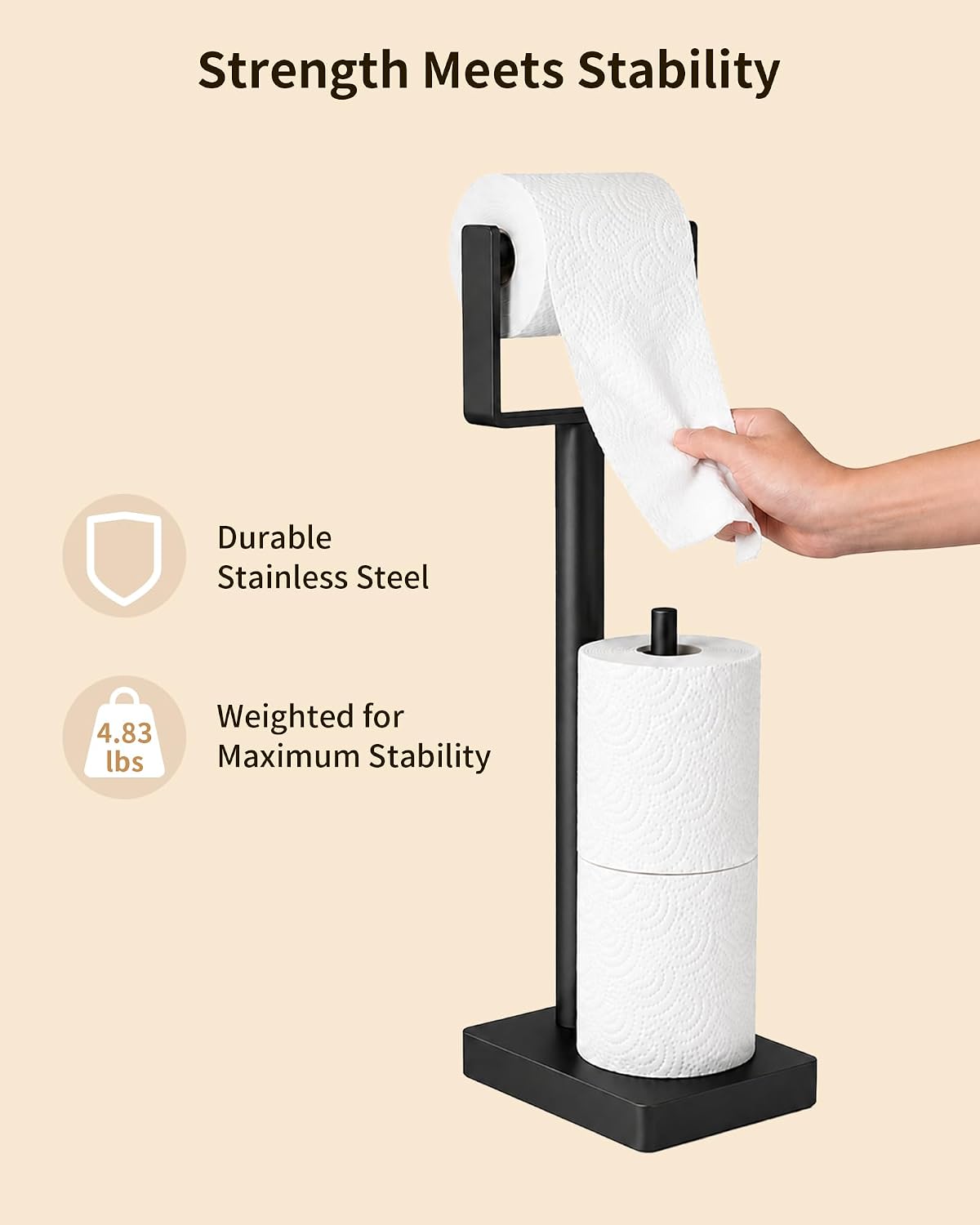 YUMORE Toilet Paper Holder Stand with Storage & Weighted Base, Matte Black