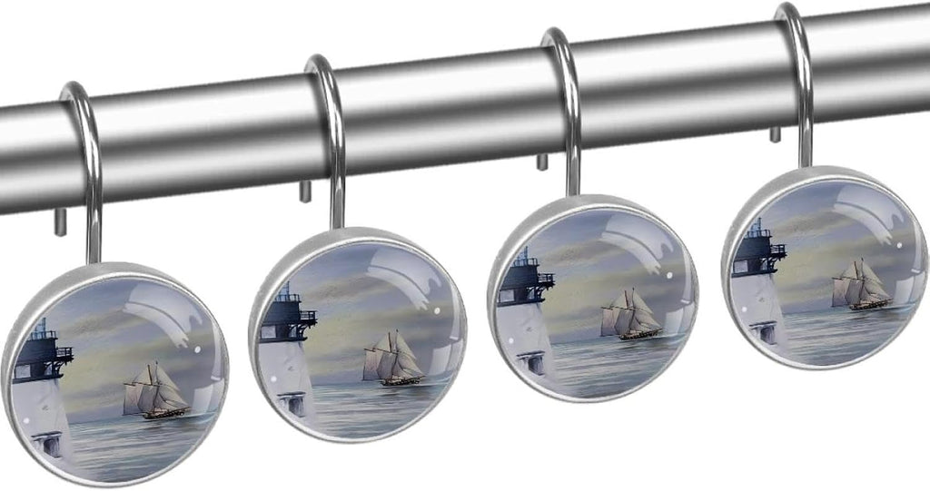Nautical Lighthouse Decorative Shower Curtain Hooks Rings Set of 12 Hooks for Shower Curtain Rustproof Curtain Rings for Bathroom