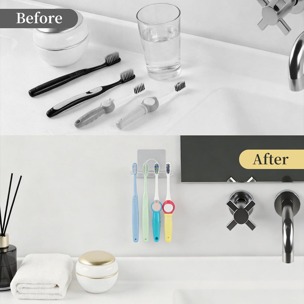 Adhesive Toothbrush Holders 2 Pack,4 Slots for Family, Clear