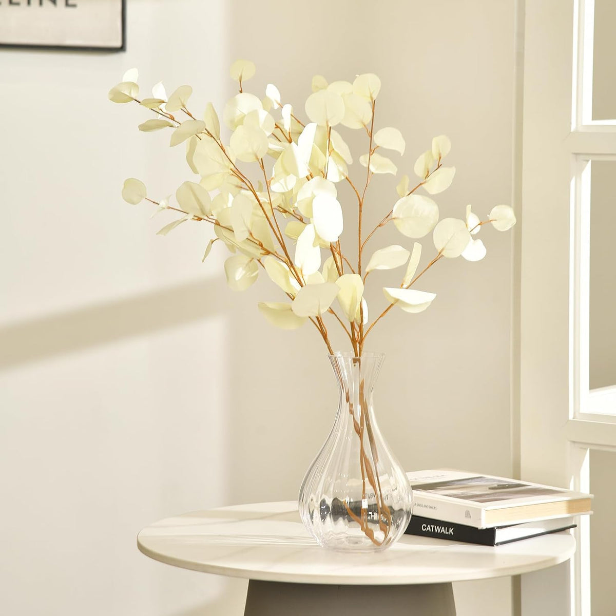 3 PCS 33" Artificial Eucalyptus Stems, Silk Branches for Vase Decor, Cream