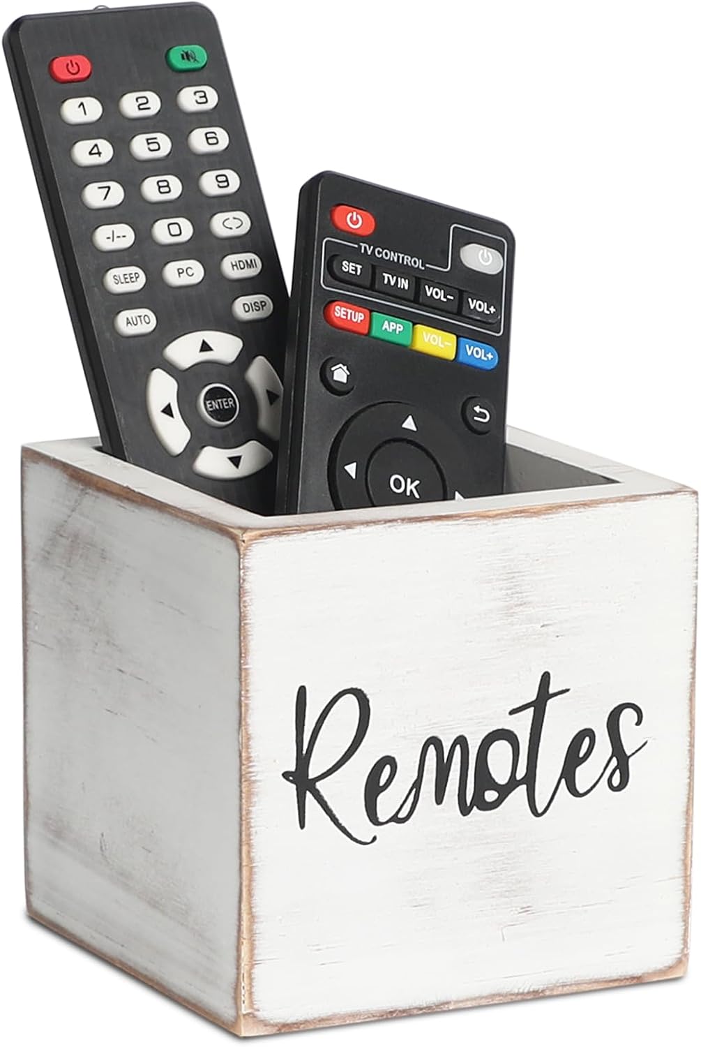 LBEMEY Wood Remote Control Holder, TV Remote Control Organizer for Home Bedroom Table, Multi-Purpose Desktop Storage (Retro White, S,for 2 or 3 Remote Controls)