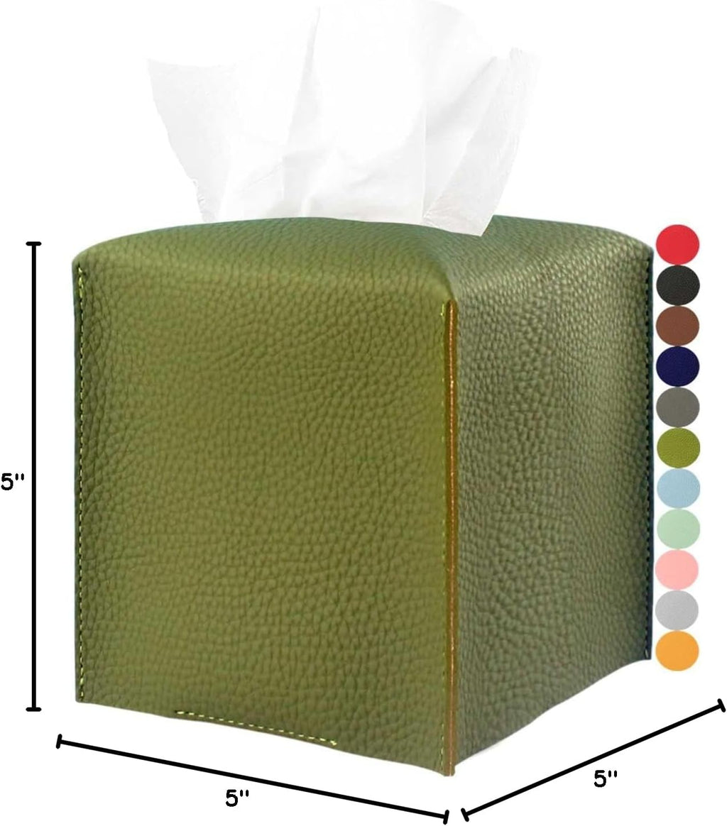 Green Tissue Box Cover Square – with Bottom Belt [JESMINI, ] PU Leather Green Tissue Box Holder Decorative for Bathroom Vanity Countertop/Night Stands/Office Desk, 5x5x5