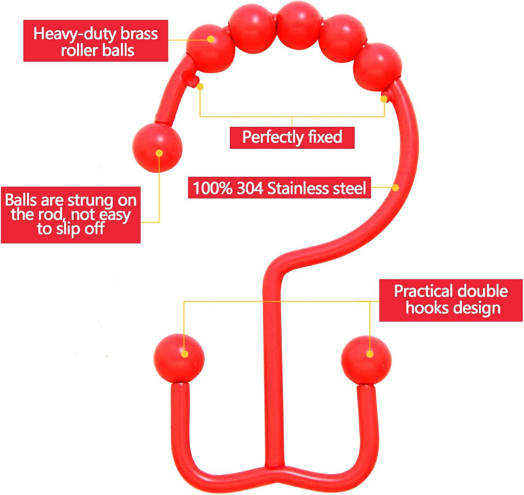 Shower Curtain Hooks,304 Stainless Steel Shower Rings for Bathroom,Double Glide Shower Hooks for Bathroom Shower Curtain Rods Curtains,Set of 12 Hooks,Red（Shower Curtain Hooks Style A ）