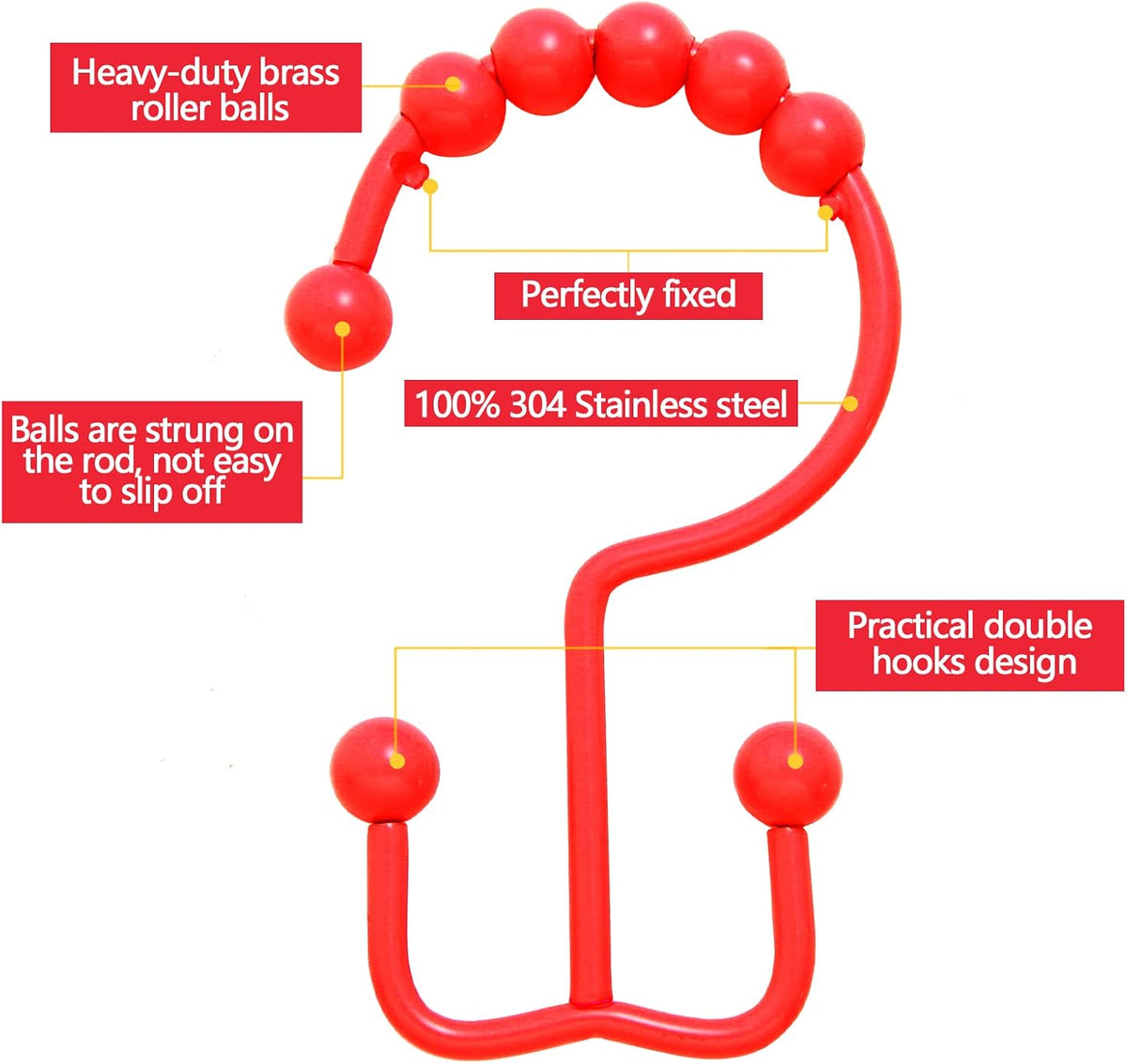 Shower Curtain Hooks,304 Stainless Steel Shower Rings for Bathroom,Double Glide Shower Hooks for Bathroom Shower Curtain Rods Curtains,Set of 12 Hooks,Red（Shower Curtain Hooks Style A ）