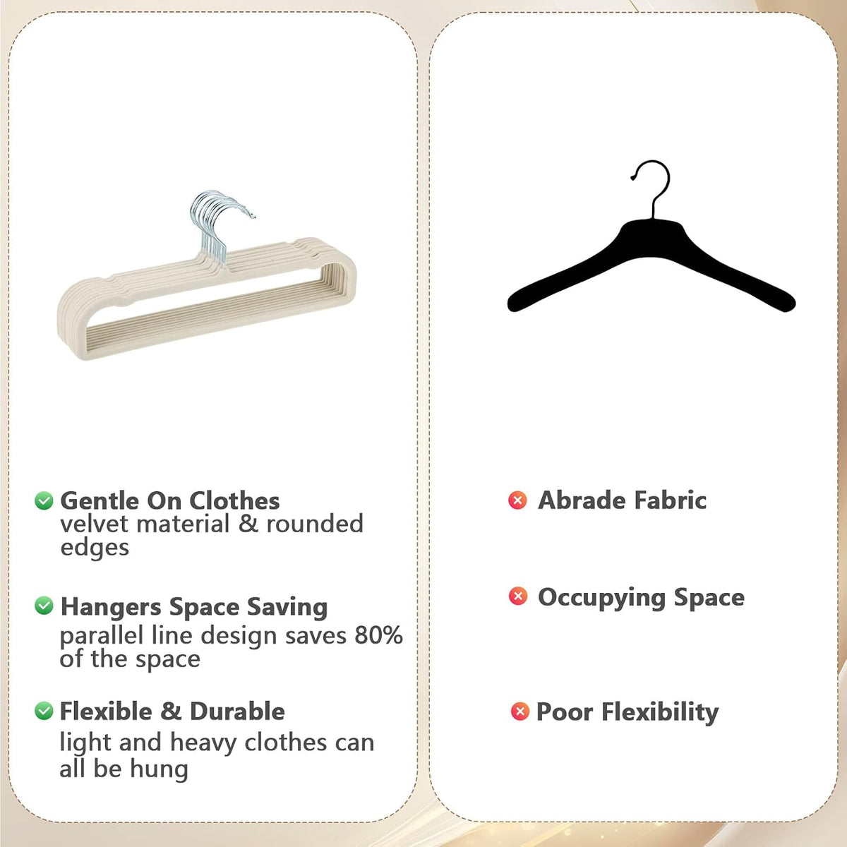50 Pack Velvet Pants Hangers Non Slip, Velvet Hangers Space Saving for Closet, Strong Durable Clothes Hanger with 360° Swivel Hook, Ultra Soft Flocked Hanger for Pants Jeans Shirts Bra Shorts (Cream)
