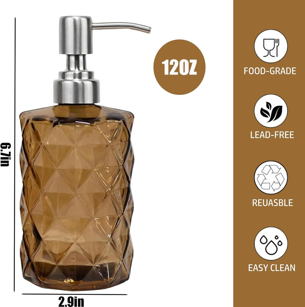 12Oz Brown Glass Soap Dispenser, Liquid Hand Bottle, Stainless Steel Pump