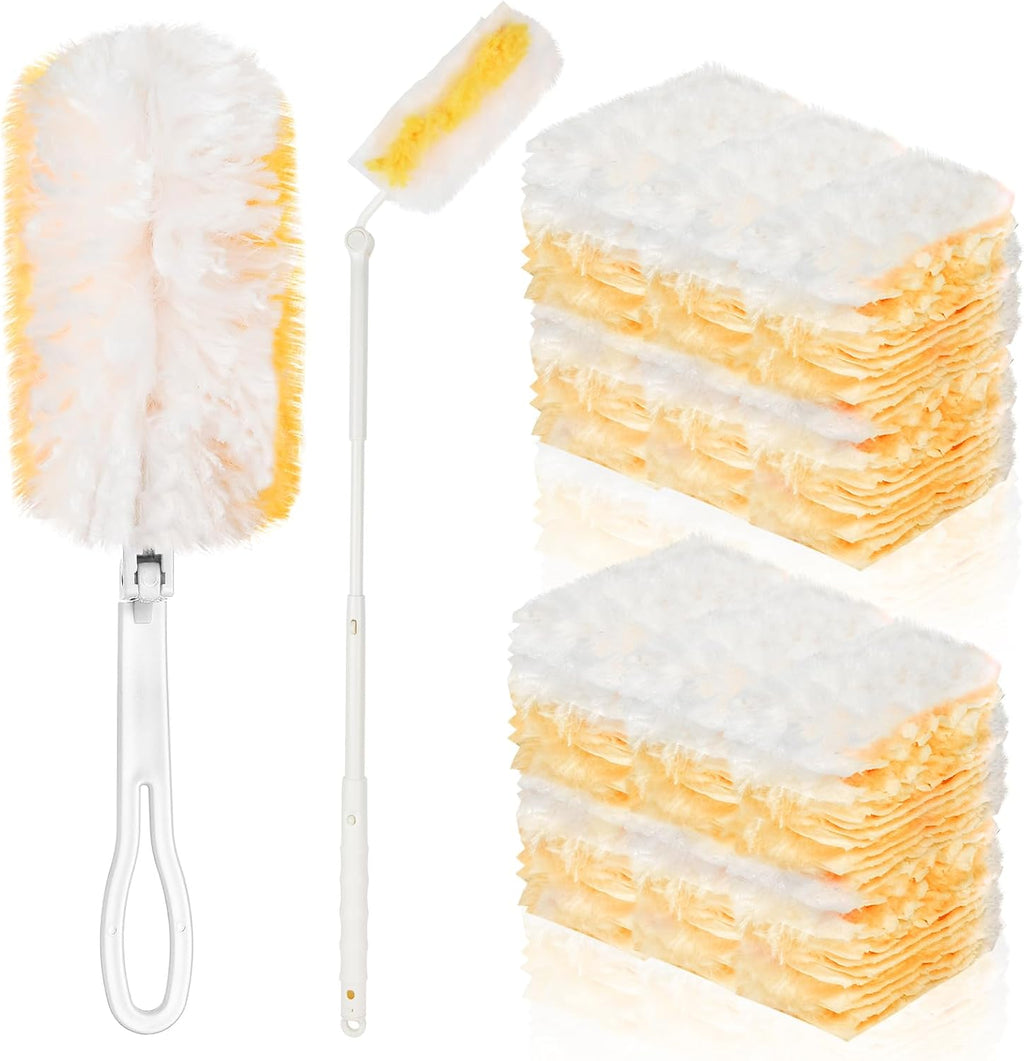 100 Pcs Duster Refills Bulk, Thickened Duster Refill Electrostatic Duster Head, Duster Refills for Cleaning with 2 Long Handles, 2 Short Handles, Disposable Duster Refills for Blinds(Yellow)