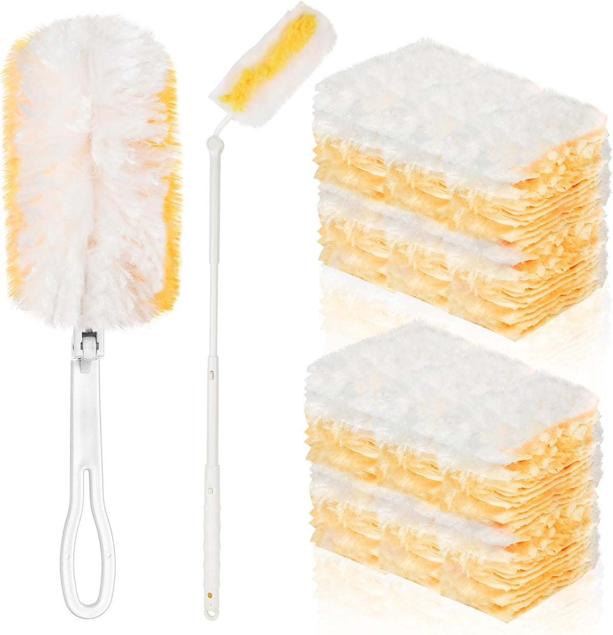 100 Pcs Duster Refills Bulk, Thickened Duster Refill Electrostatic Duster Head, Duster Refills for Cleaning with 2 Long Handles, 2 Short Handles, Disposable Duster Refills for Blinds(Yellow)