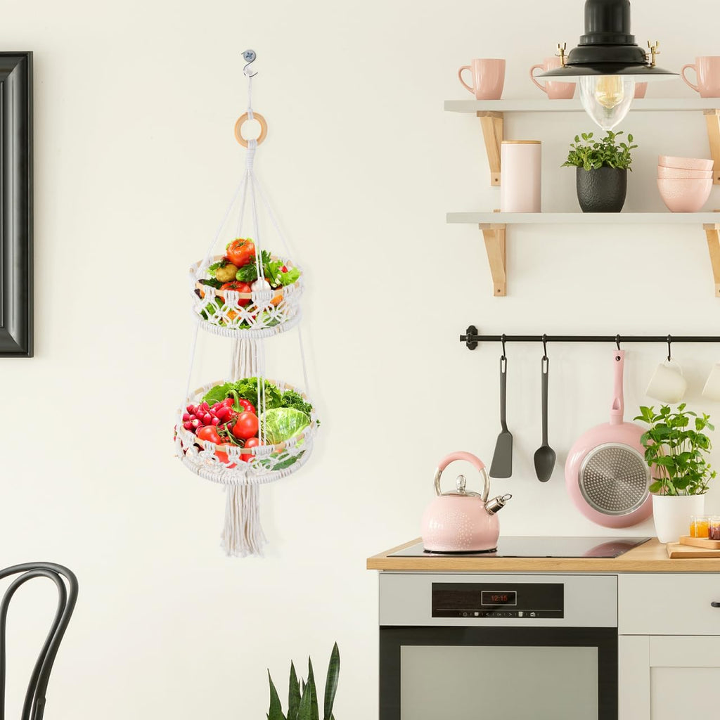 Zerodeko Plant Stand Hanging Fruit Basket 2 Tier Over The Door Organizer Woven Cotton Rope Wall Hanging Basket Magazine Racks Macrame Fruit Hammock for Organizing Storage Bohemia Decor Boho Decor